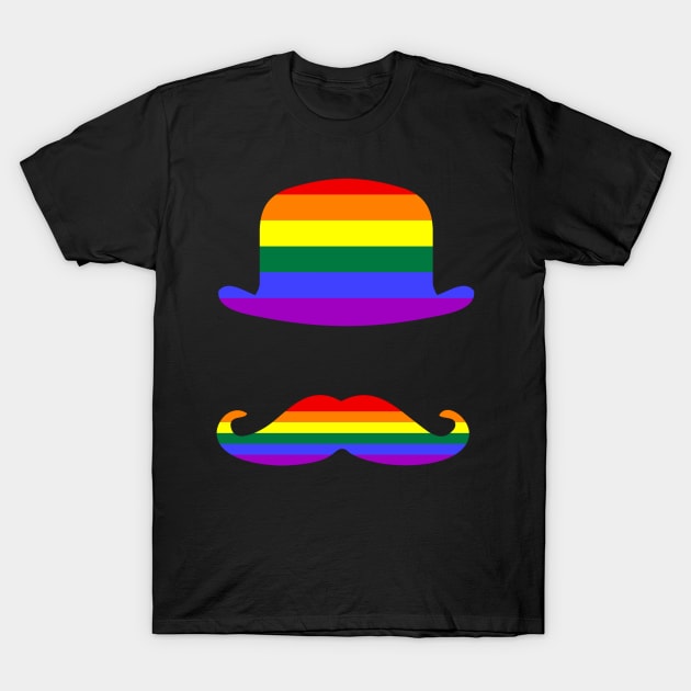 Funny Mustache Gay Pride Flag Bowler Hat T-Shirt by Scar